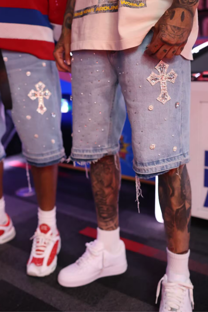 Rhinestone Cross Denim Shorts