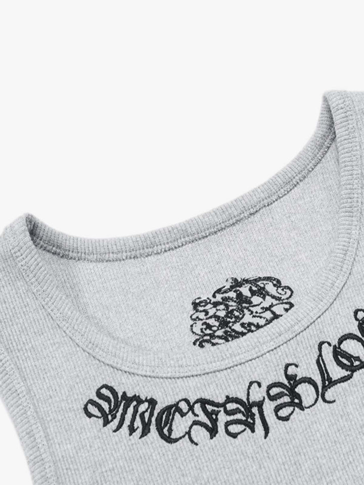 Gothic Lettering Embroidered Ribbed Top