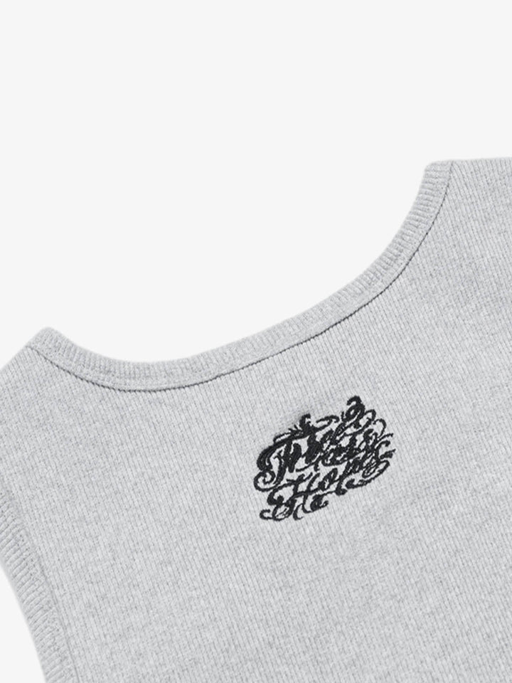 Gothic Lettering Embroidered Ribbed Top