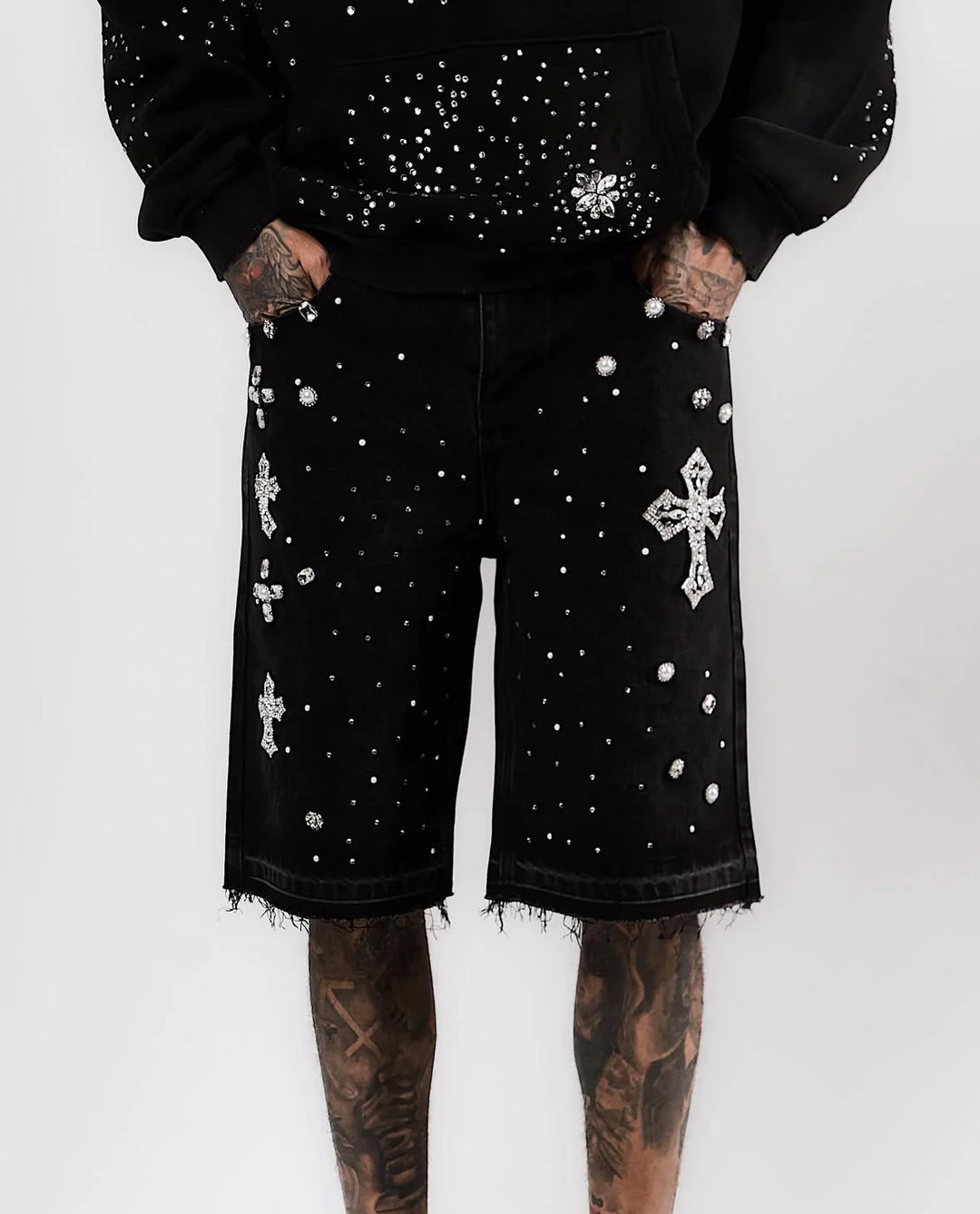 Rhinestone Cross Denim Shorts