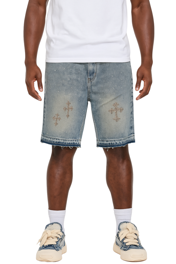 Crystal Cross Denim Shorts