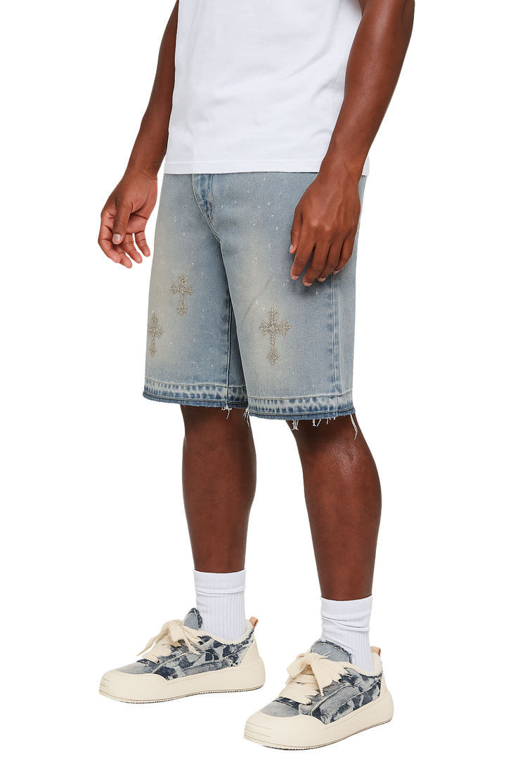 Crystal Cross Denim Shorts