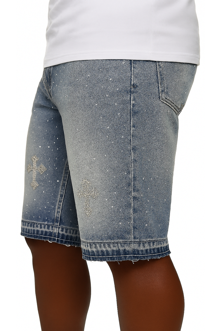 Crystal Cross Denim Shorts