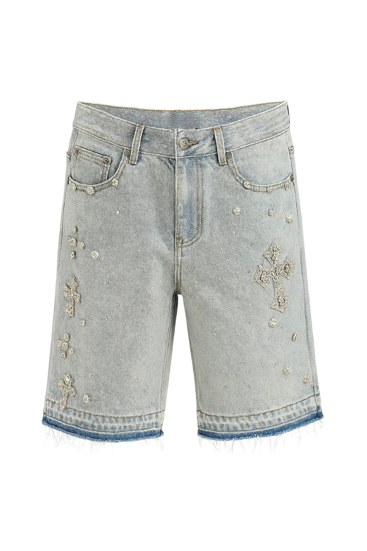 Rhinestone Cross Denim Shorts