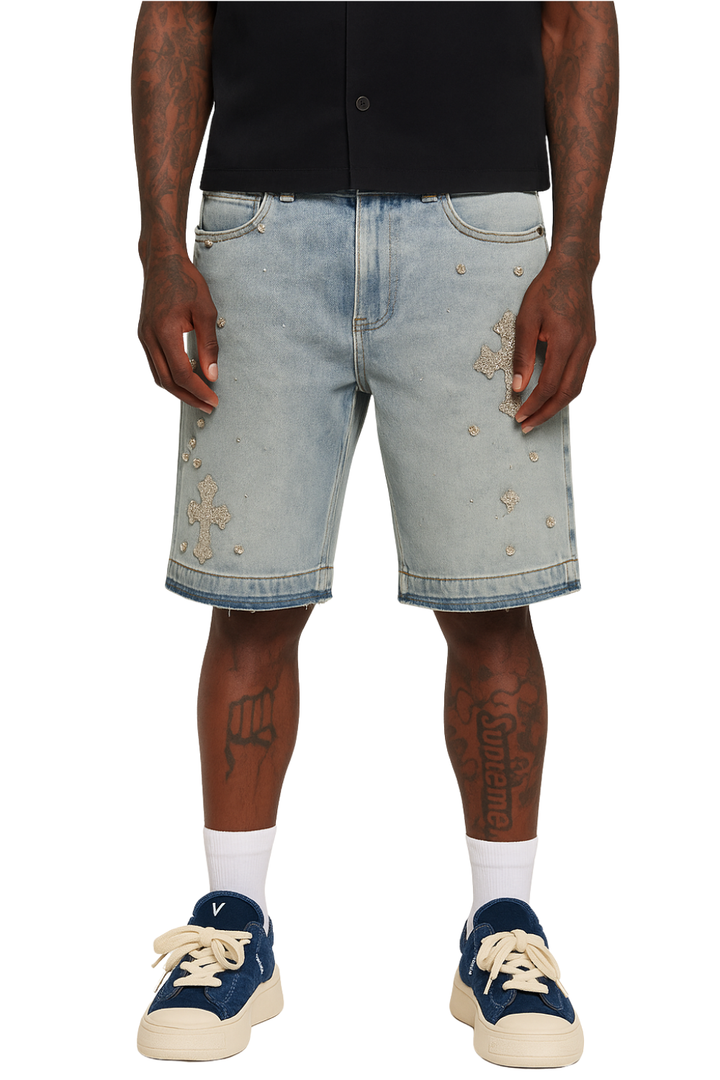 Rhinestone Cross Denim Shorts