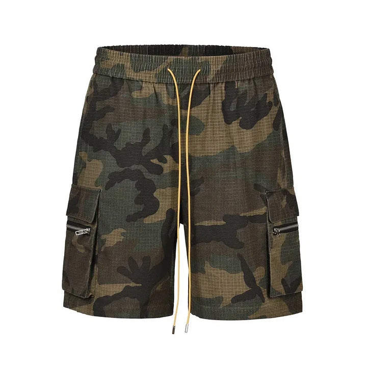 Camouflage cargo shorts with drawstring on a white background