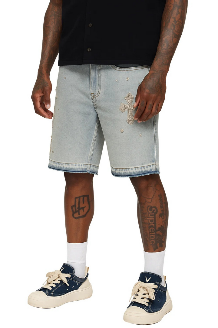 Rhinestone Cross Denim Shorts
